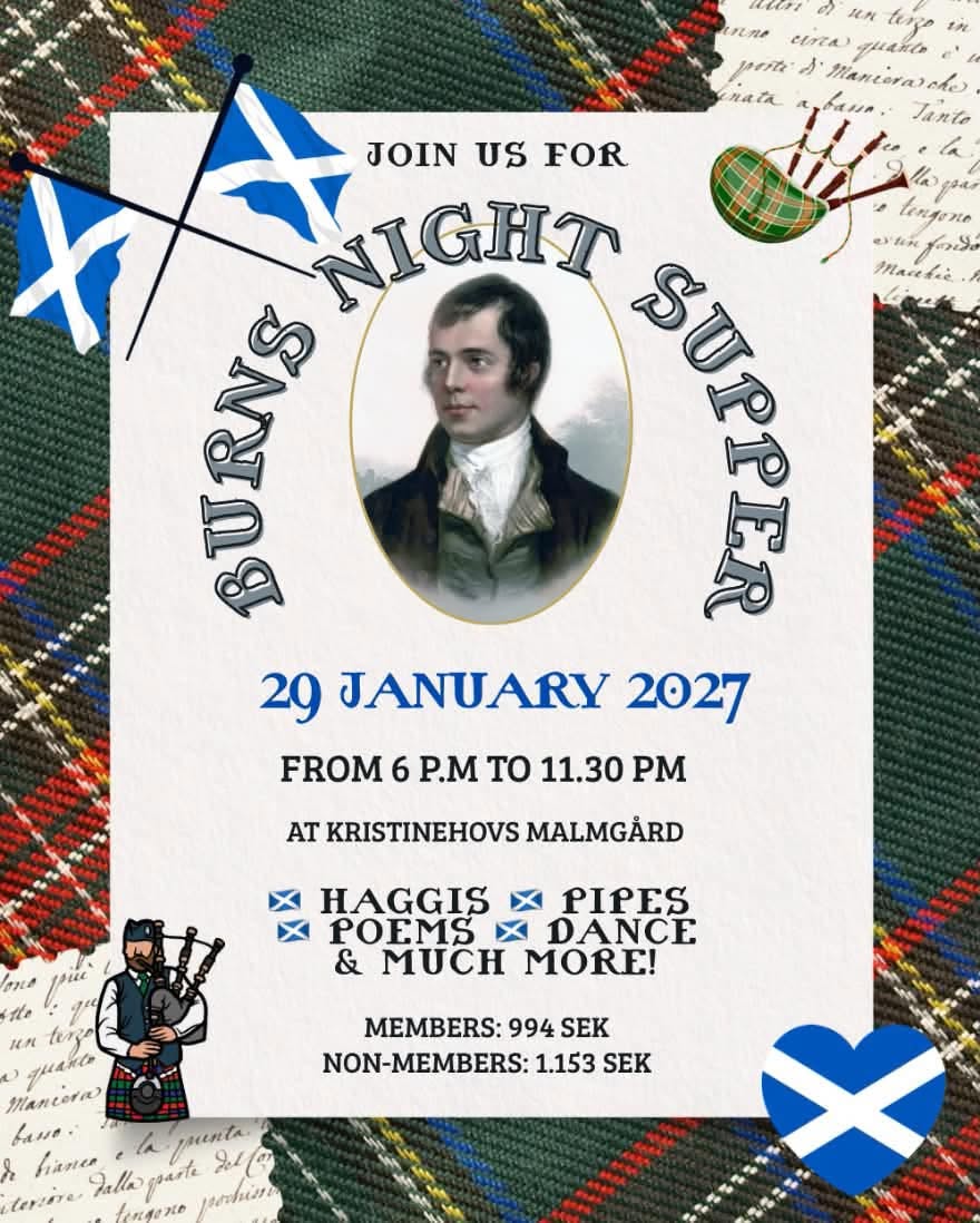 Affisch för Burns Night Supper 29 januari 2027 med skotsk flagga, porträtt och text.